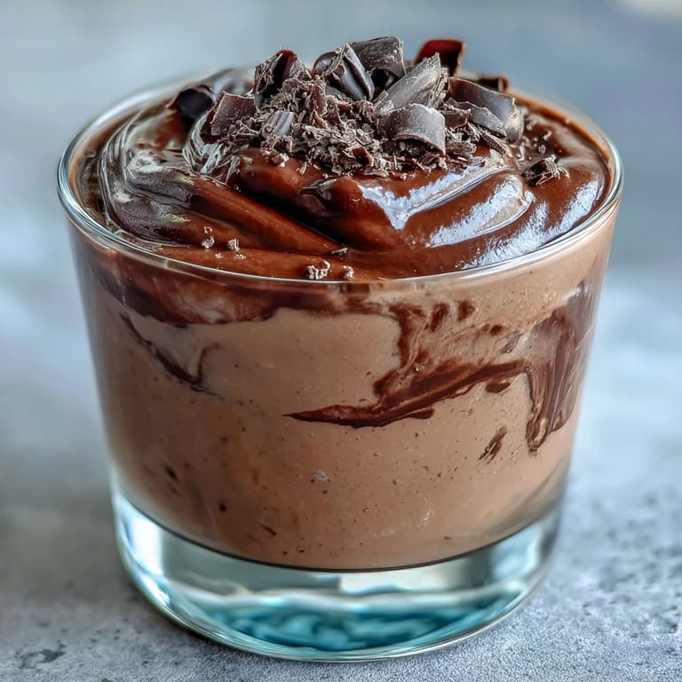 Velvety cottage cheese chocolate mousse blended with dark chocolate chips and vanilla, chilled for a luscious treat.  