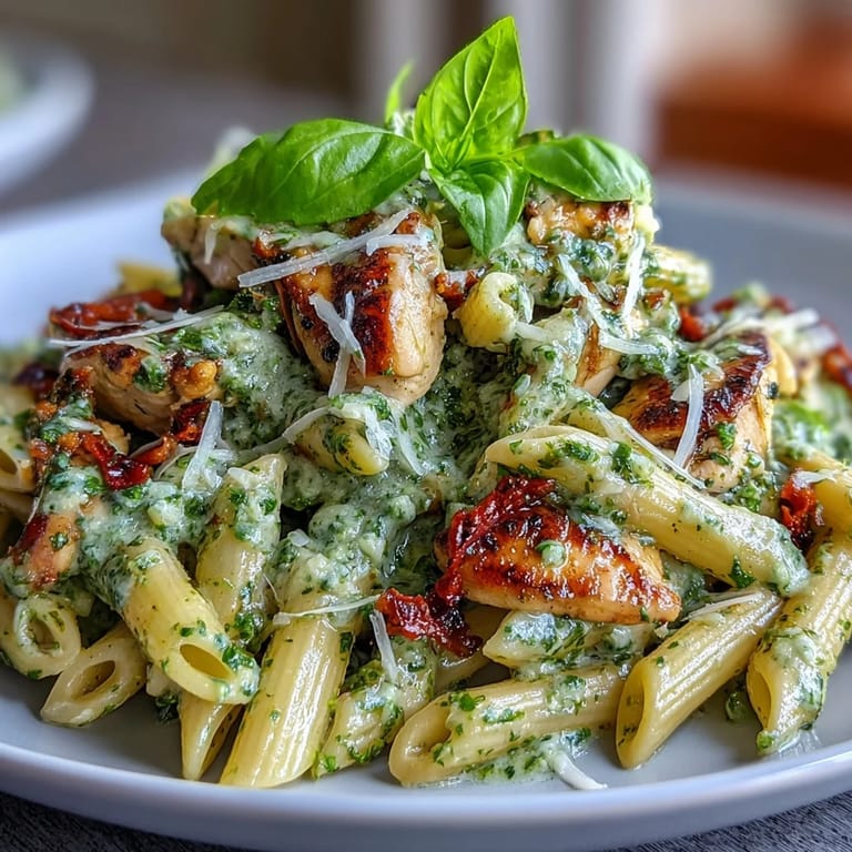 Delicious creamy pesto pasta with chicken awaits on a dinner plate, garnished.