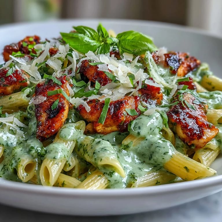 Comforting creamy pesto pasta dish with succulent chicken, perfect for a cozy meal.