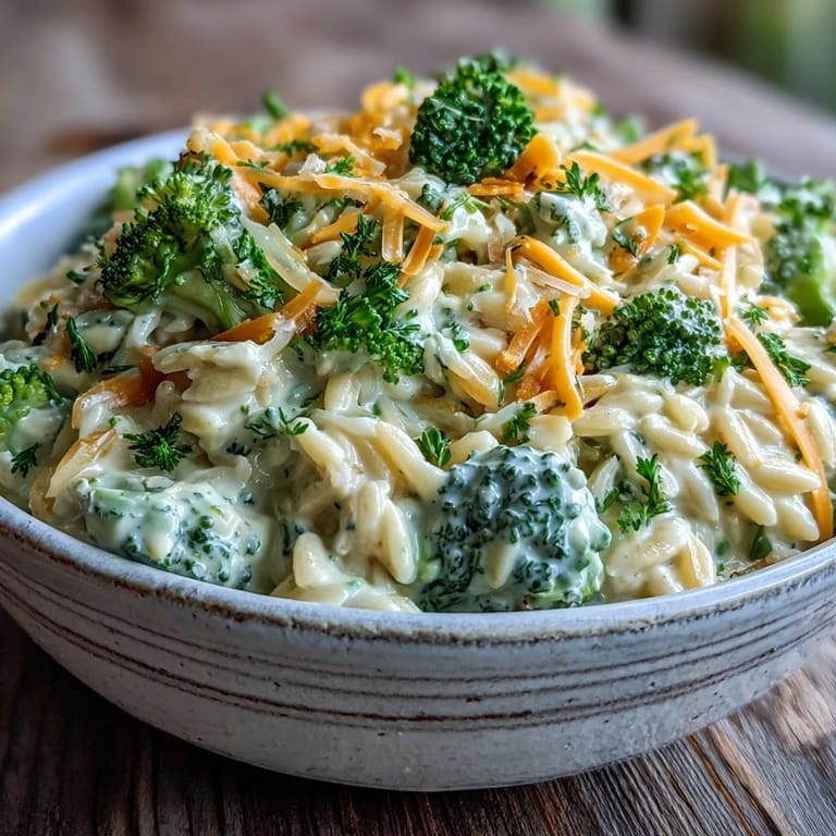 Hearty vegetarian Broccoli Cheddar Orzo ready for a satisfying weeknight meal.