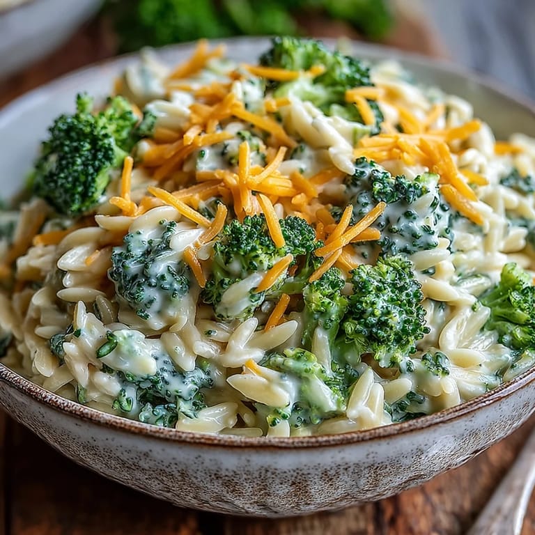 Comforting Broccoli Cheddar Orzo served warm with rich, cheesy goodness.