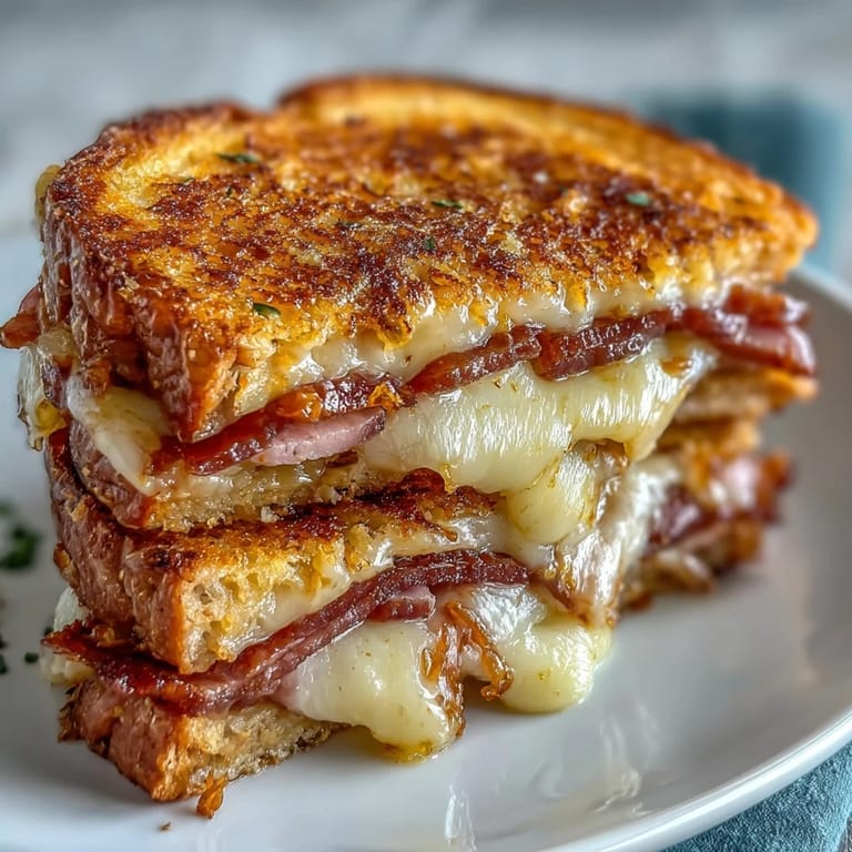 Golden brown Cuban Sandwich Grilled Cheese, bursting with ham and pork flavors.