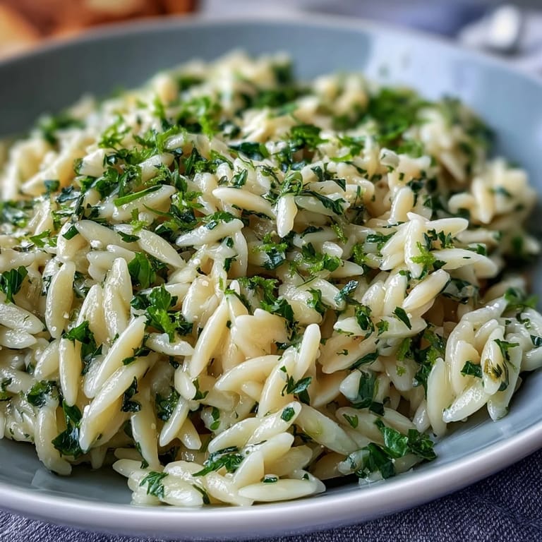 Savory Herb Butter Orzo pasta glistening, ready to be served as a light meal.