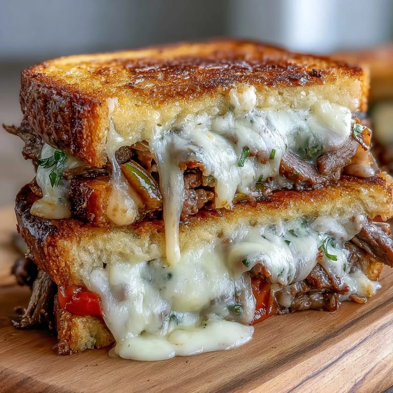 Golden brown Philly Cheesesteak Grilled Cheese ready to be devoured with a side of fries.