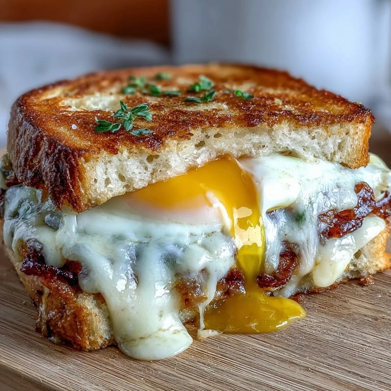 Scrumptious breakfast grilled cheese sandwich ready to enjoy with perfectly cooked egg.