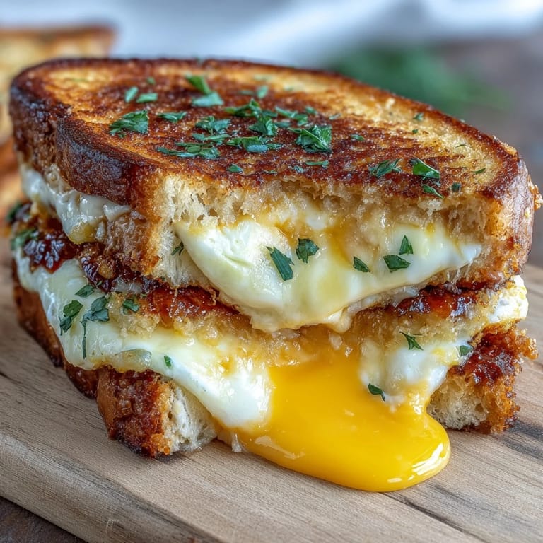 Buttery breakfast grilled cheese, showcasing gooey cheese and tender fried egg.