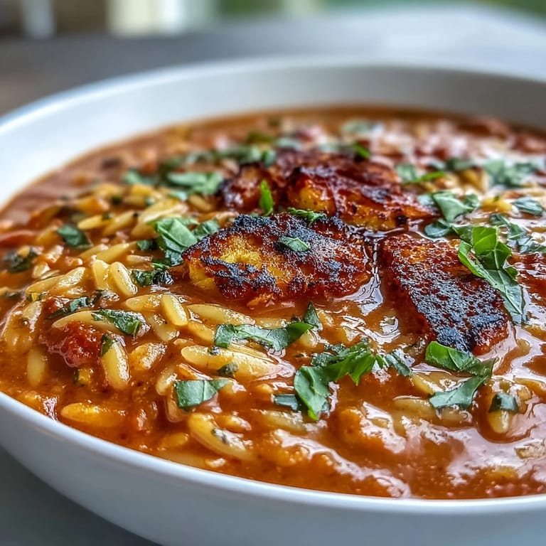 Hearty tomato soup orzo recipe featuring tender pasta with delicious grilled cheese croutons.