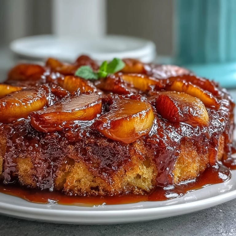 Elegant Brown Sugar Peach Upside-Down Cake, ready to slice and serve.