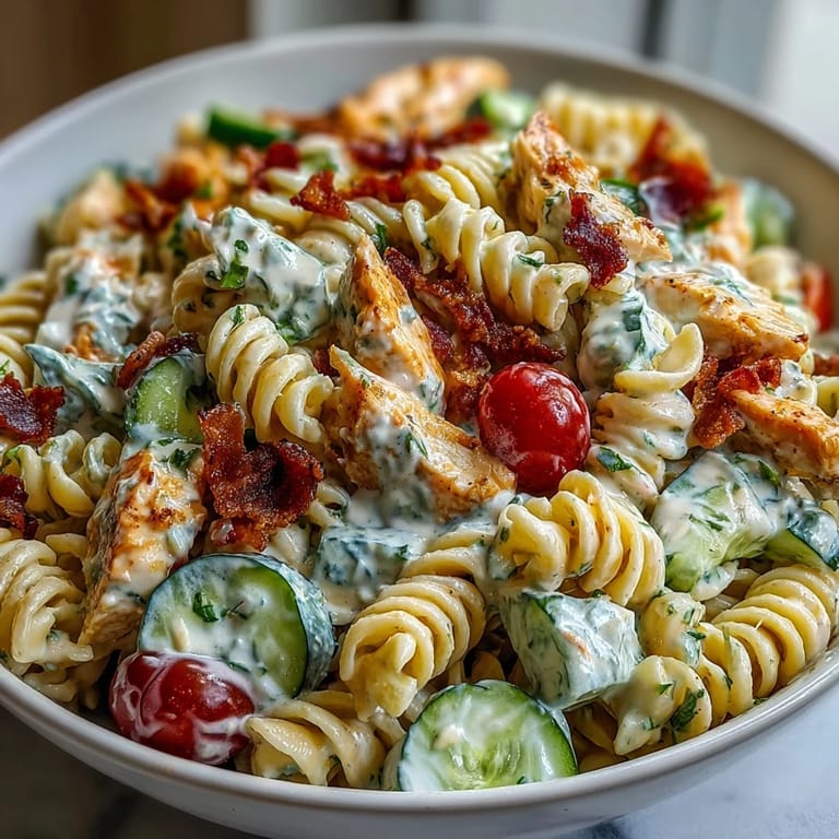 Delicious Chicken Bacon Ranch Pasta Salad ready for a summer potluck, brimming with fresh ingredients.