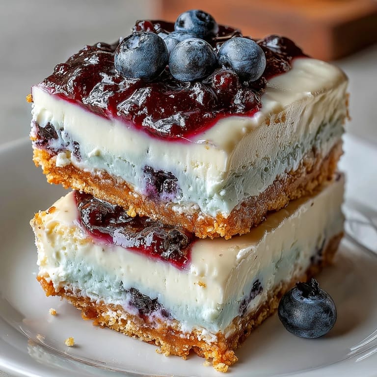 Easy No-Bake Lemon Blueberry Cheesecake Bars, visually appealing with vibrant blueberry swirls.