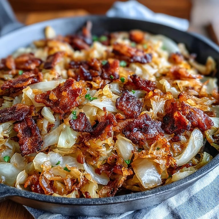 Tender sautéed cabbage, smoky bacon, and sweet onions ready for dinner.
