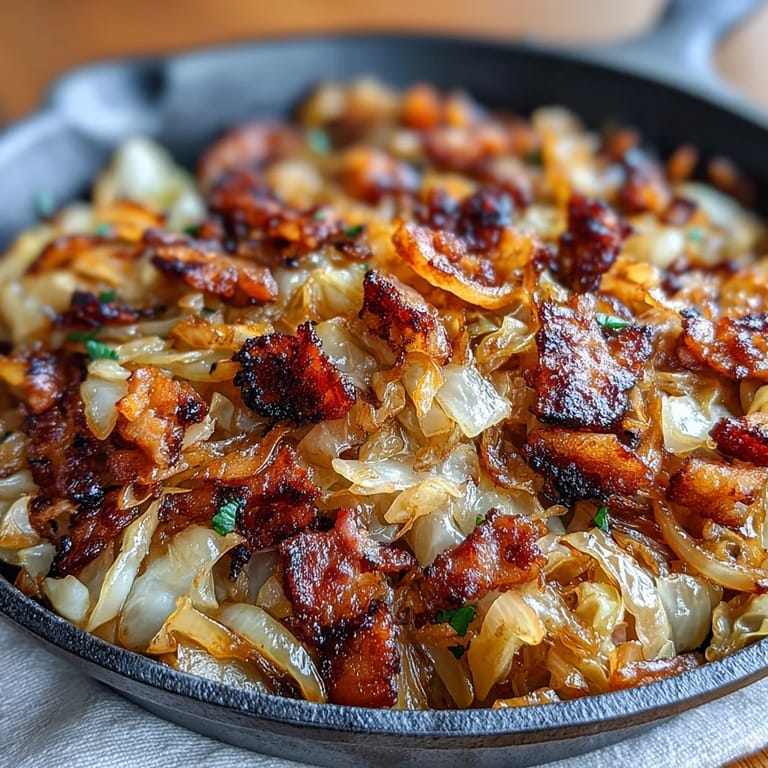 Hearty fried cabbage with crispy bacon and caramelized onions, a comforting dish.