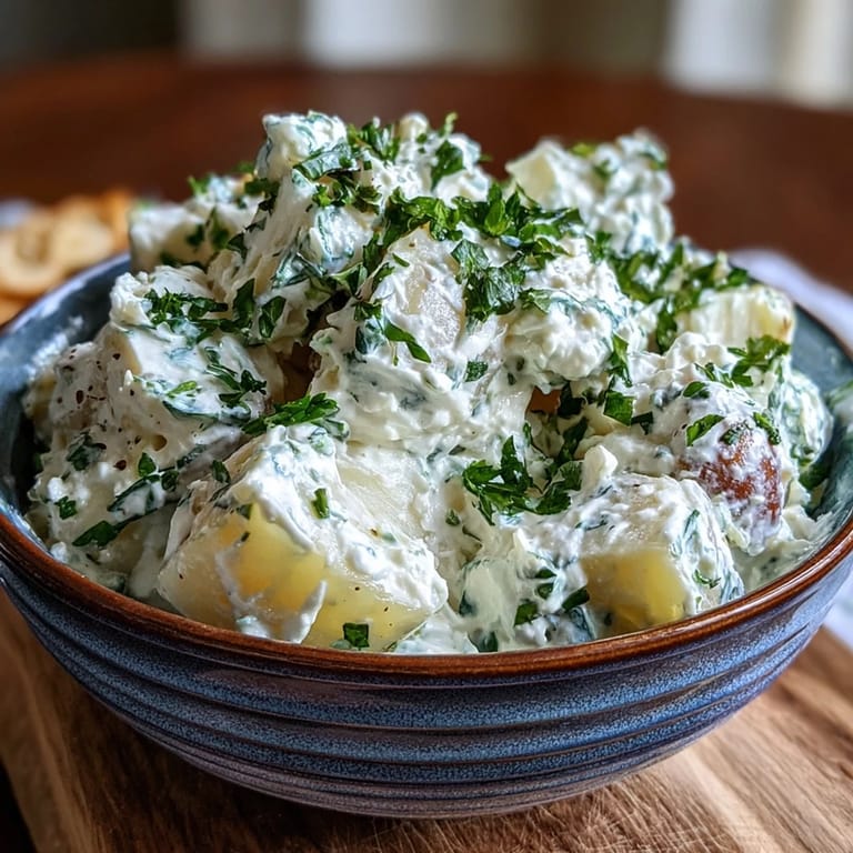 Hearty Cottage Cheese Ranch Potato Salad dotted with green onions and dill.