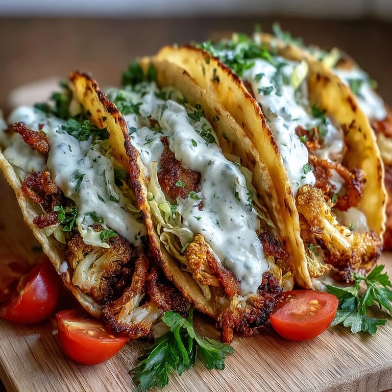 Savory Crispy Cabbage Caesar Tacos with crunchy edges and zesty dressing ready to eat.