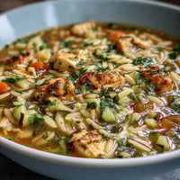 A steaming bowl of One-Pot Lemon Chicken and Zucchini Orzo Soup with tender chicken, fresh zucchini, and orzo in a bright lemon broth.  