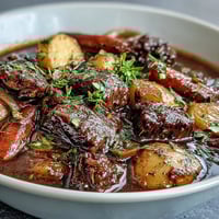 A steaming bowl of cozy beef stew with tender beef and root vegetables in a rich, savory broth.