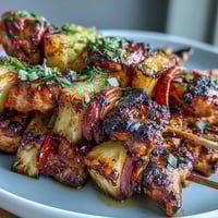 Grilled Pineapple Chicken Skewers with colorful peppers and sweet pineapple chunks sizzling on the grill.