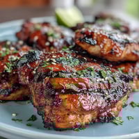 Juicy grilled chicken thighs glazed with honey sriracha sauce, caramelized and slightly charred for a sweet-spicy flavor.
