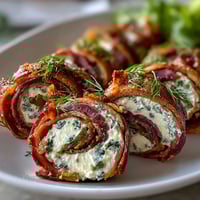 Ham, cream cheese, and pickle pinwheels arranged on a platter with toothpicks for easy serving at parties.