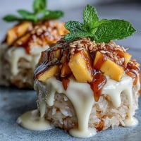 Close-up of Mango Sticky Rice Cups, topped with vibrant mango and creamy sauce.