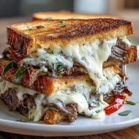 Philly Cheesesteak Grilled Cheese with gooey provolone oozing from buttery toasted bread.